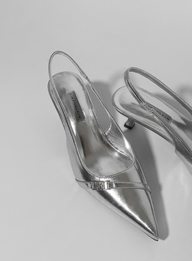 林向晚 简约少女~银色高跟鞋设计感小众通勤百搭黑色小猫跟凉鞋女