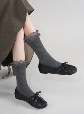 林向晚 暗黑甜心~褶皱圆头单鞋女设计小众朋克风绑带芭蕾舞平底鞋