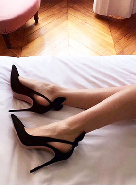 尖头黑色高跟鞋设计感小众气质名媛兔耳朵裸色包头绒面细跟单鞋女