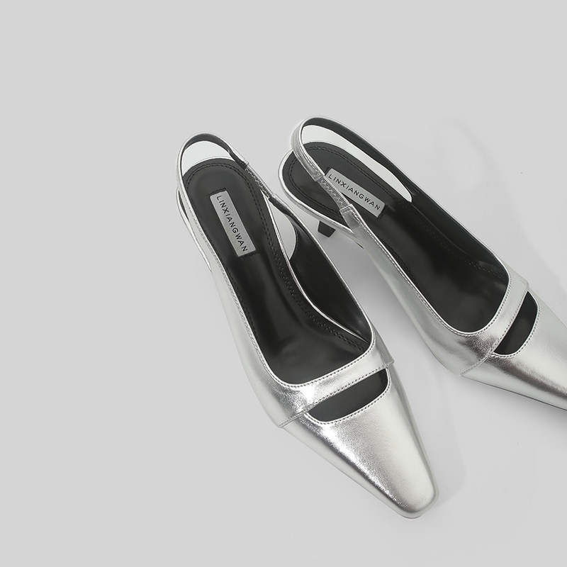 林向晚 高智少女~银色高跟鞋设计感小众韩系千金一脚蹬通勤风凉鞋,女鞋,一字带凉鞋,淘宝优惠券,粉丝福利购,淘宝优惠卷