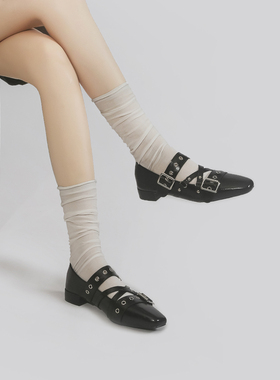 林向晚 鬼马少女~朋克芭蕾风黑色单鞋女铆钉皮带扣内增高玛丽珍鞋