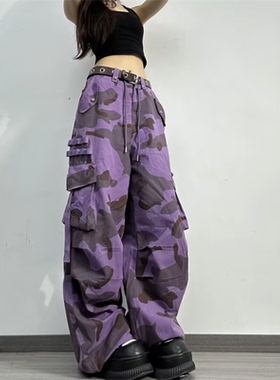 美式复古潮流紫色迷彩工装裤女夏秋新款街头休闲百搭宽松阔腿长裤