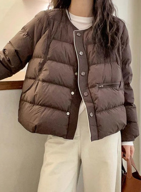 韩版短款轻薄简约时尚羽绒服女秋冬新款圆领白鸭绒高级感宽松外套