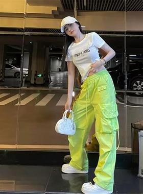 美式设计感爆款工装阔腿裤女2025夏秋新款街头果绿色休闲运动裤潮