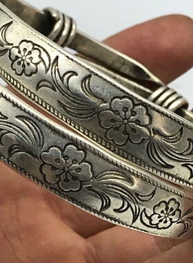 银镯子一对民族风镯子 纯手工苗银雕花龙凤实心手镯复古做旧手环