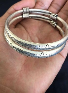 古玩收藏老银手镯双鱼民族风银饰925银老物件推拉银镯子女款一对