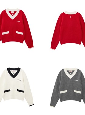 韩国代购UTAA 高端高尔夫球服25年秋冬拼色V领羊绒毛衣UE4KTF760