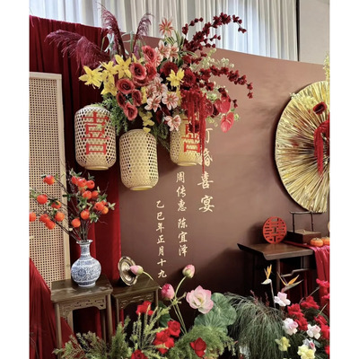 红色喜字贴纸婚礼竹编灯笼贴新中式订婚宴布置藤编灯笼道具
