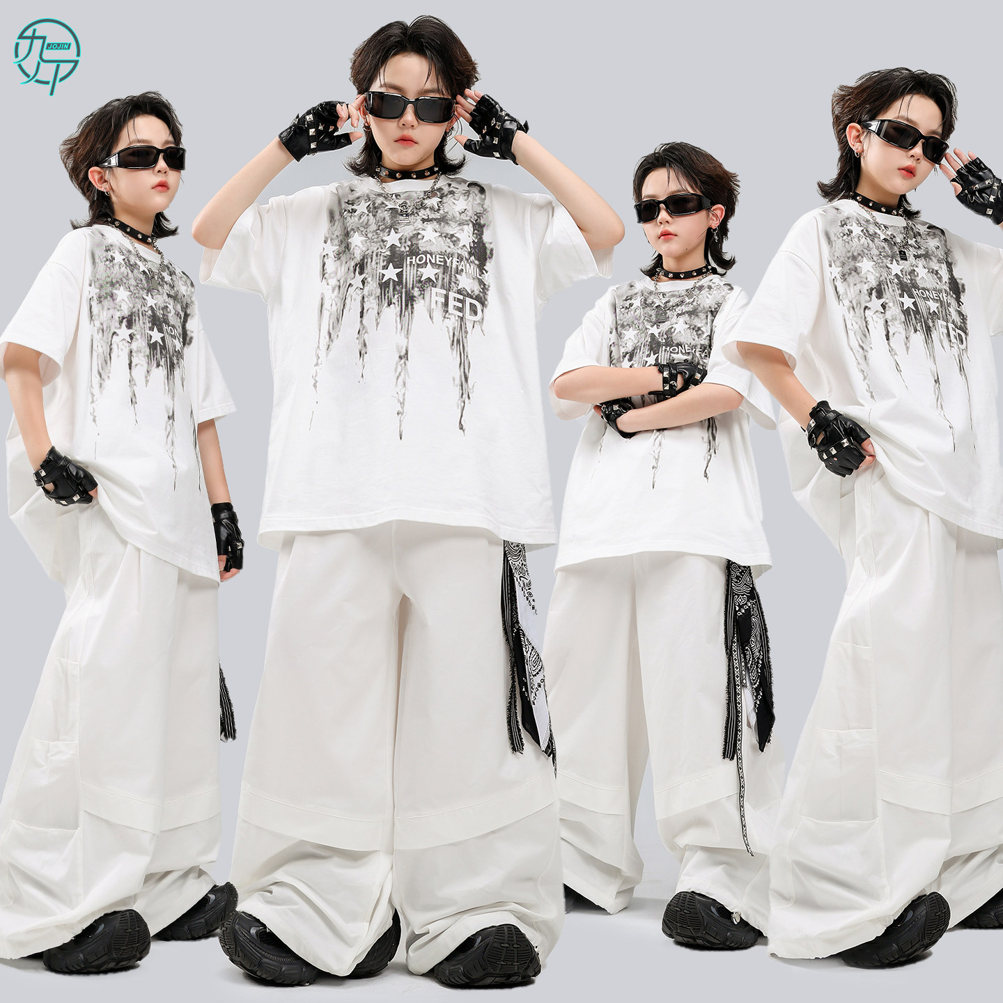 少儿嘻哈hiphop街舞演出服男女童帅气白色T恤套装架子鼓舞练功服
