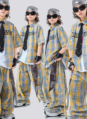儿童嘻哈街舞服男女孩潮酷格子衬衫套装少哈braking架子鼓演出服
