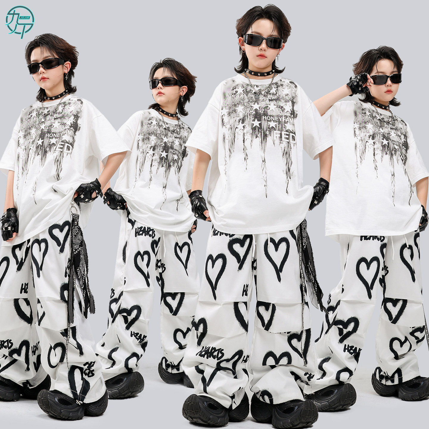 儿童嘻哈风白色T恤街舞服装男女童hiphop舞蹈练功服架子鼓演出服