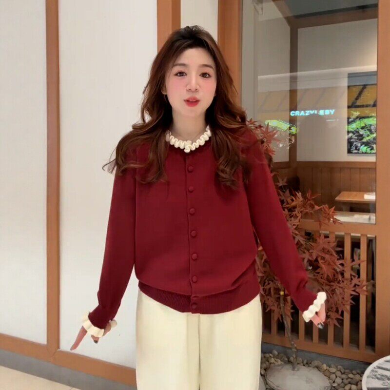 大尺码过年红色本命年木耳边圆领针织开衫上衣女秋冬款新年毛衣外