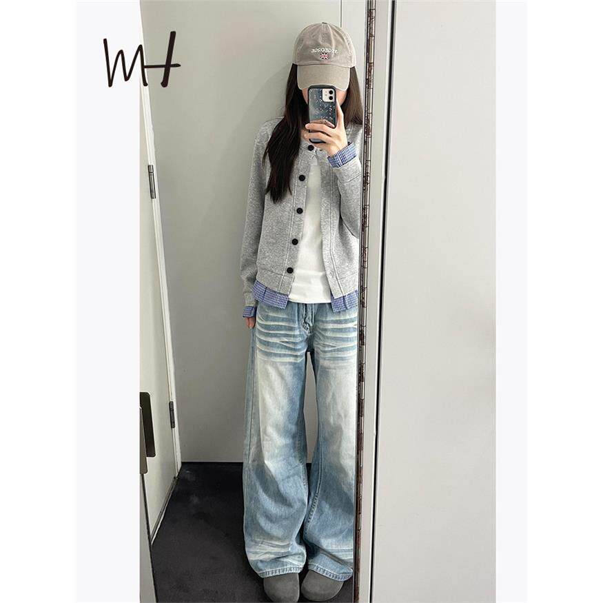 美式水洗蓝折痕阔腿牛仔裤女2025秋季新款宽松显瘦垂感直筒拖地裤