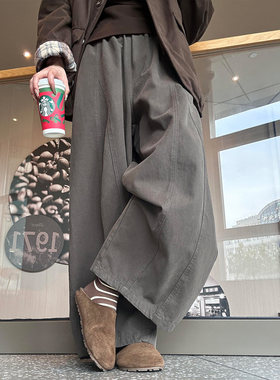 深灰色阔腿休闲裤女春季新款大码胖mm小个子高腰宽松显瘦弯刀裤子