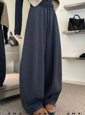 加绒阔腿裤女2025冬新款韩版松紧腰加厚弯刀裤休闲卫裤长裤66365