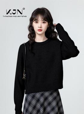 黑色加厚圆领毛衣女2025春秋新款套头内搭打底针织衫小个子短上衣