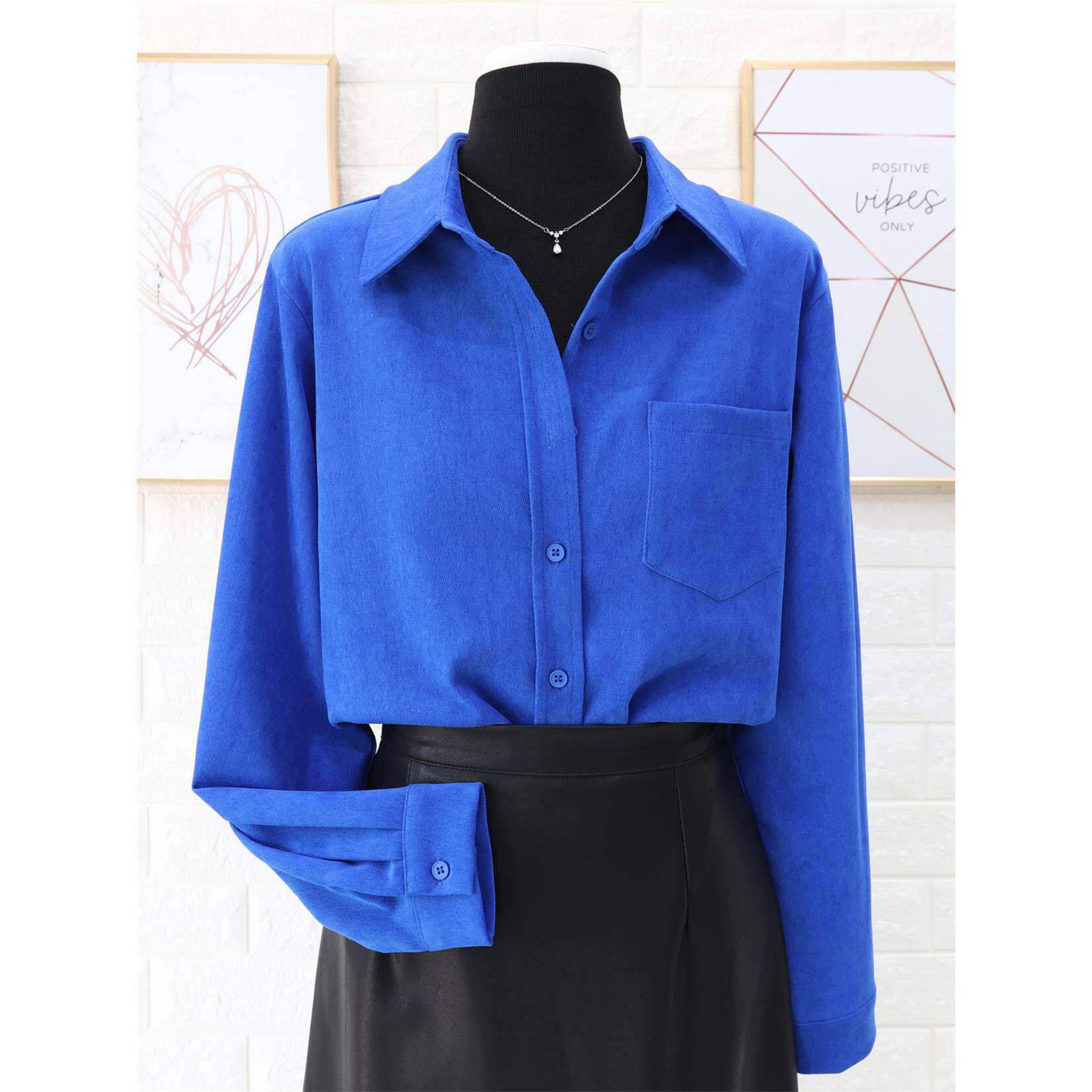 克莱因蓝磨毛衬衫女士秋冬加厚翻领上衣高级感叠穿灯芯绒衬衣外套