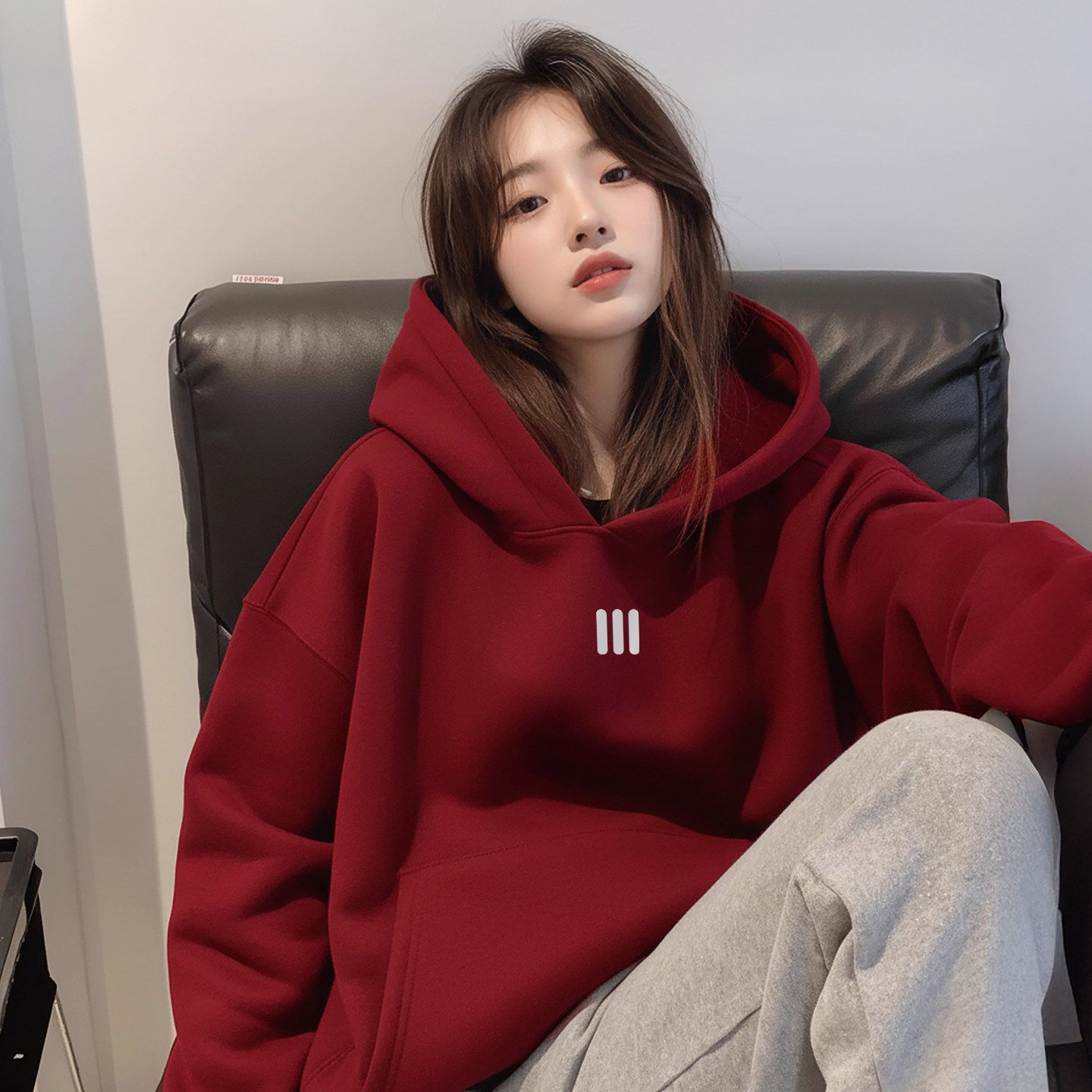 酒红色本命年连帽运动衫女士加绒加厚2026马年新款衣服设计感上衣