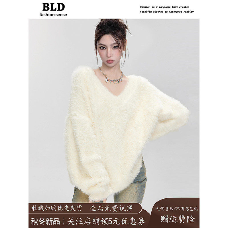 奶fufu白色水貂绒V领套头毛衣女秋冬季内搭软糯慵懒马海毛针织衫