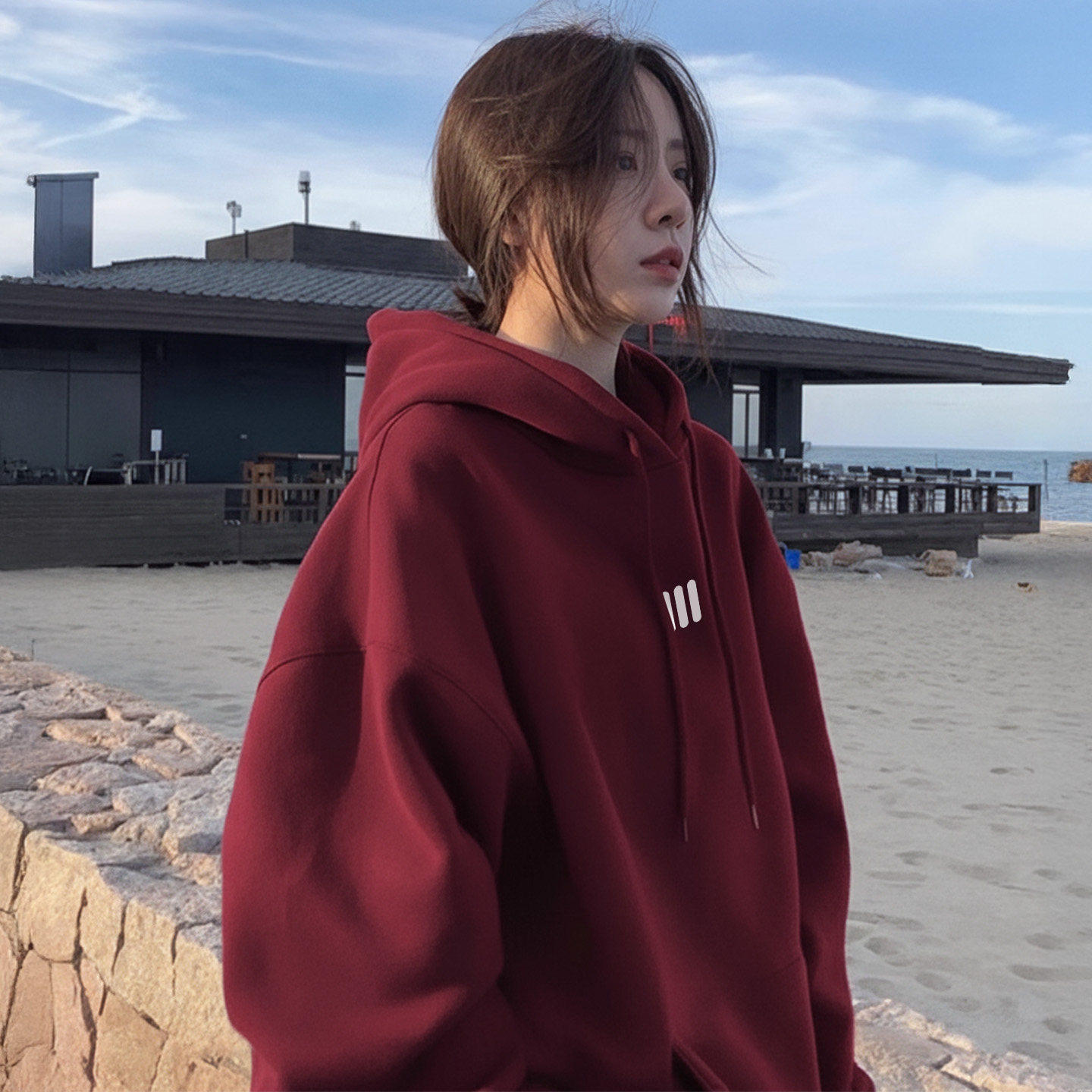 酒红色加绒加厚厚棉T女2026新款爆款秋冬季新年衣服连帽本命年马