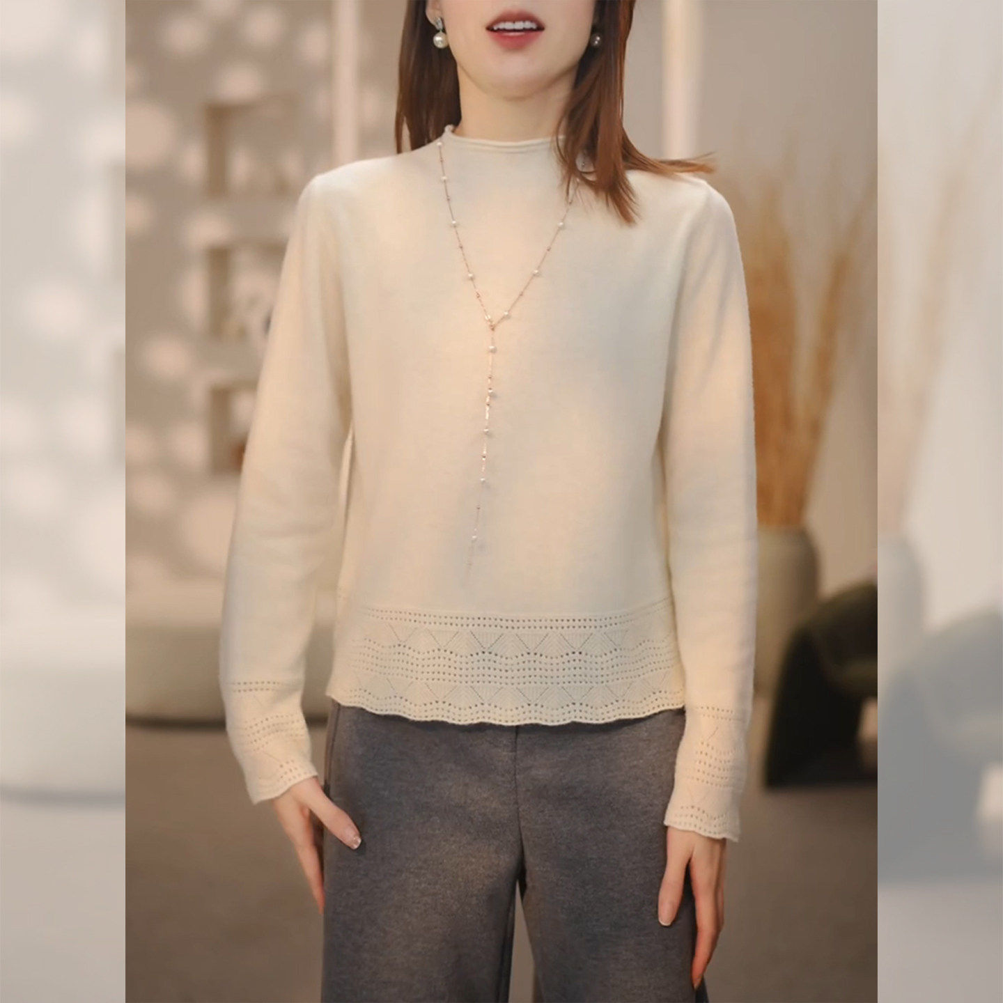 钩花镂空半高领针织衫女春季套头毛衣打底衫2026新款修身显瘦上衣