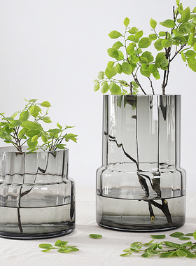 现代轻奢极简玻璃插花花瓶矮胖大口花瓶鲜花水培大号花器绿色