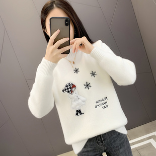 冬季 上衣 水貂绒加绒加厚毛衣女2024新款 秋冬宽松半高领内搭打底衫