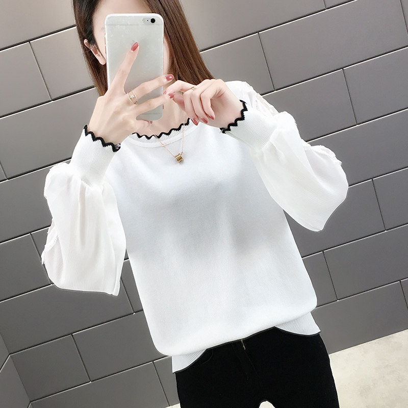白色长袖t恤女蕾丝网纱拼接袖针织打底衫2020新款夏外穿上衣春秋