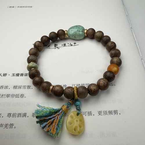 沉香手串8mm左右搭配原矿绿松石网花蜜蜡925银等配饰原矿设计