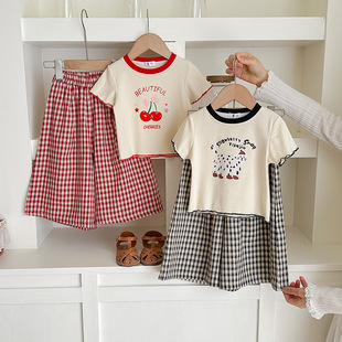 新款 女童夏季 T恤格子裙两件套可爱卡通印花洋气童装 短袖 套装 韩版