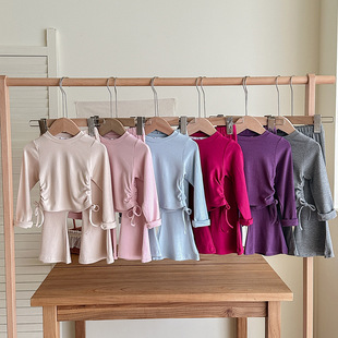 春秋新品 T恤中小童显瘦喇叭裤 百搭套装 女童纯色休闲洋气收腰长袖