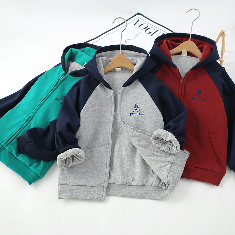 男童春秋季棒球服中大童两层棉内里休闲外套拉链帽衫宽松卫衣