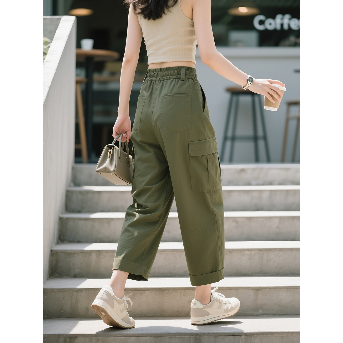 军绿色工装风多口袋休闲裤女2026春季新款宽松直筒九分裤小个子,女装/女士精品,休闲裤,淘宝优惠券,粉丝福利购,淘宝优惠卷