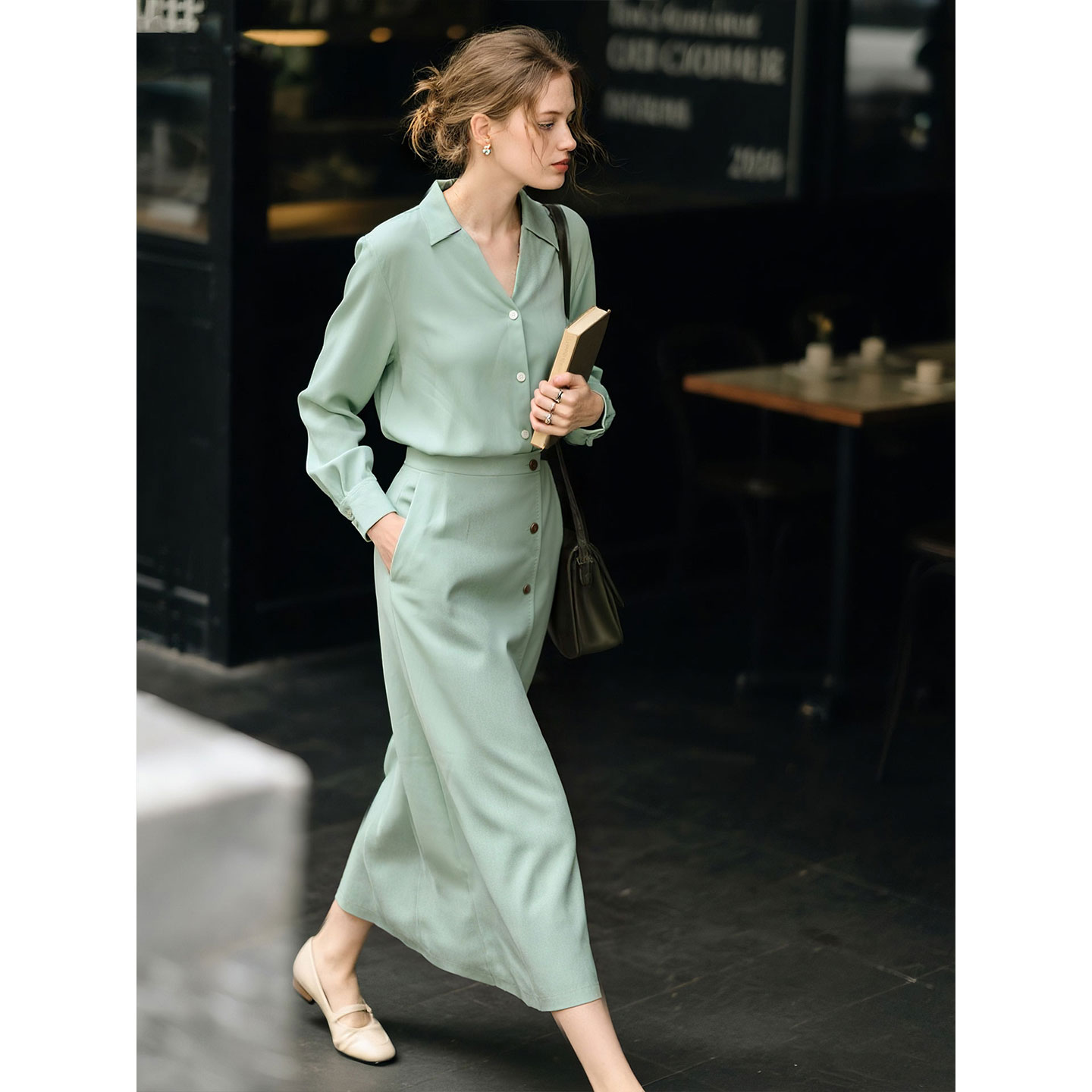 绿色V领衬衫半身裙两件套女2025