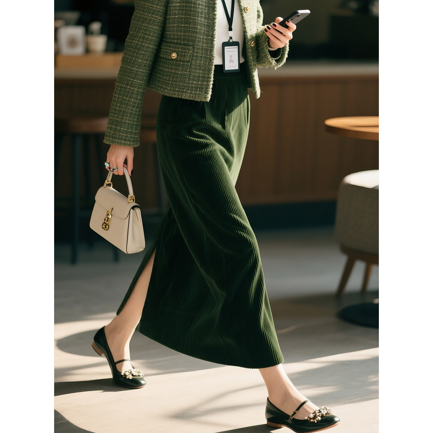 墨绿色灯芯绒半身裙女复古长裙