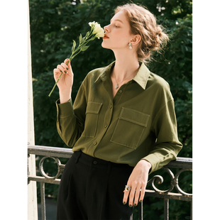 橄榄绿法式长袖衬衫2026年春季女通勤翻领气质百搭磨毛衬衣上衣
