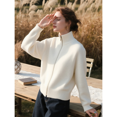 米白色立领拉链针织开衫女2025年