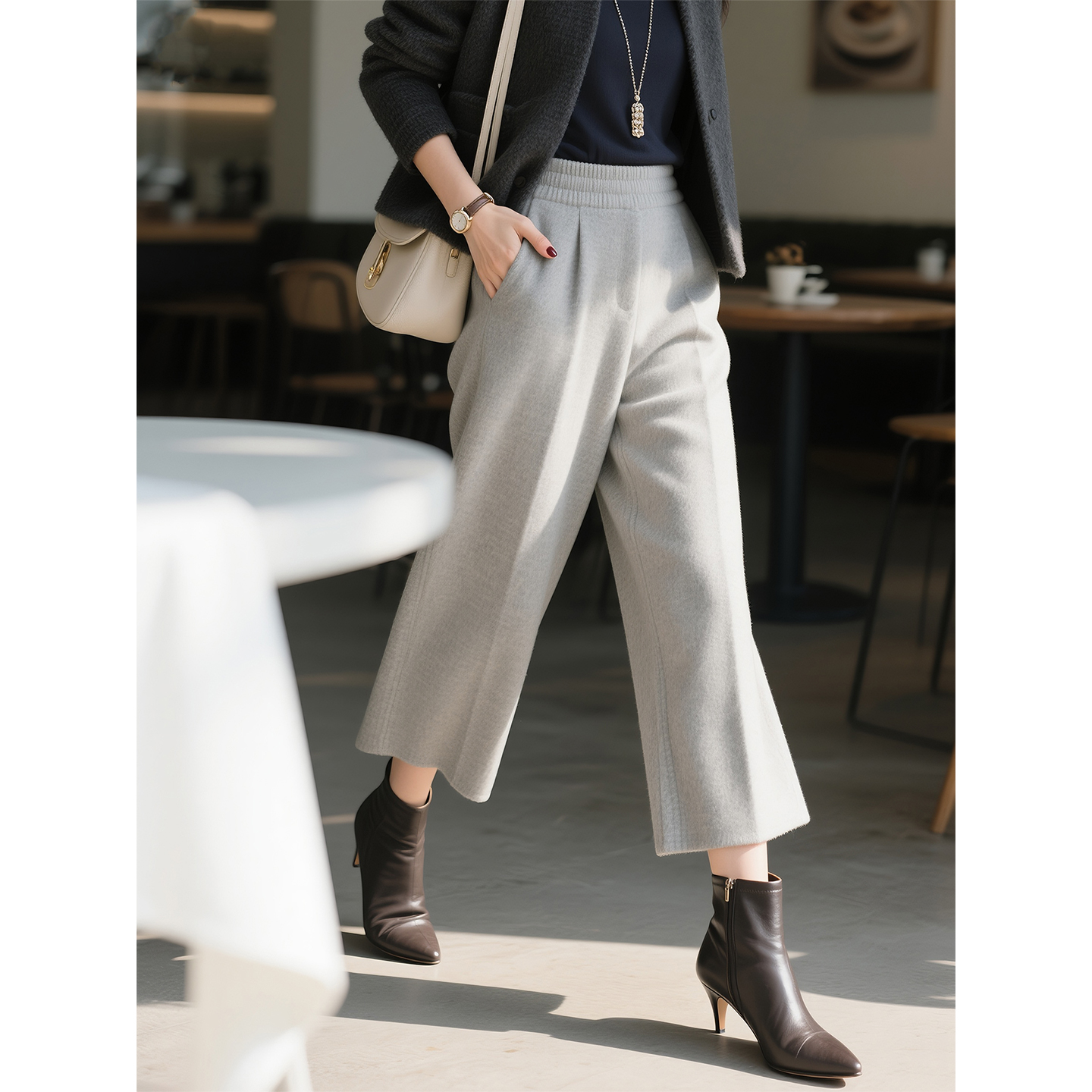 白灰色羊毛毛呢松紧腰七分阔腿裤女2025年秋冬新款时尚直筒裤子