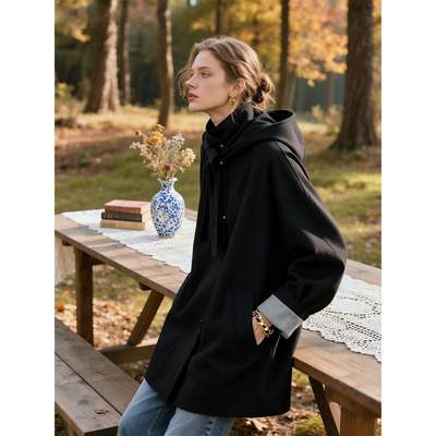黑色连帽风衣外套女2025年秋冬