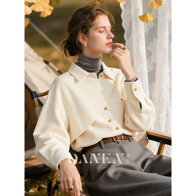 杏色磨毛长袖衬衫女2026年秋冬