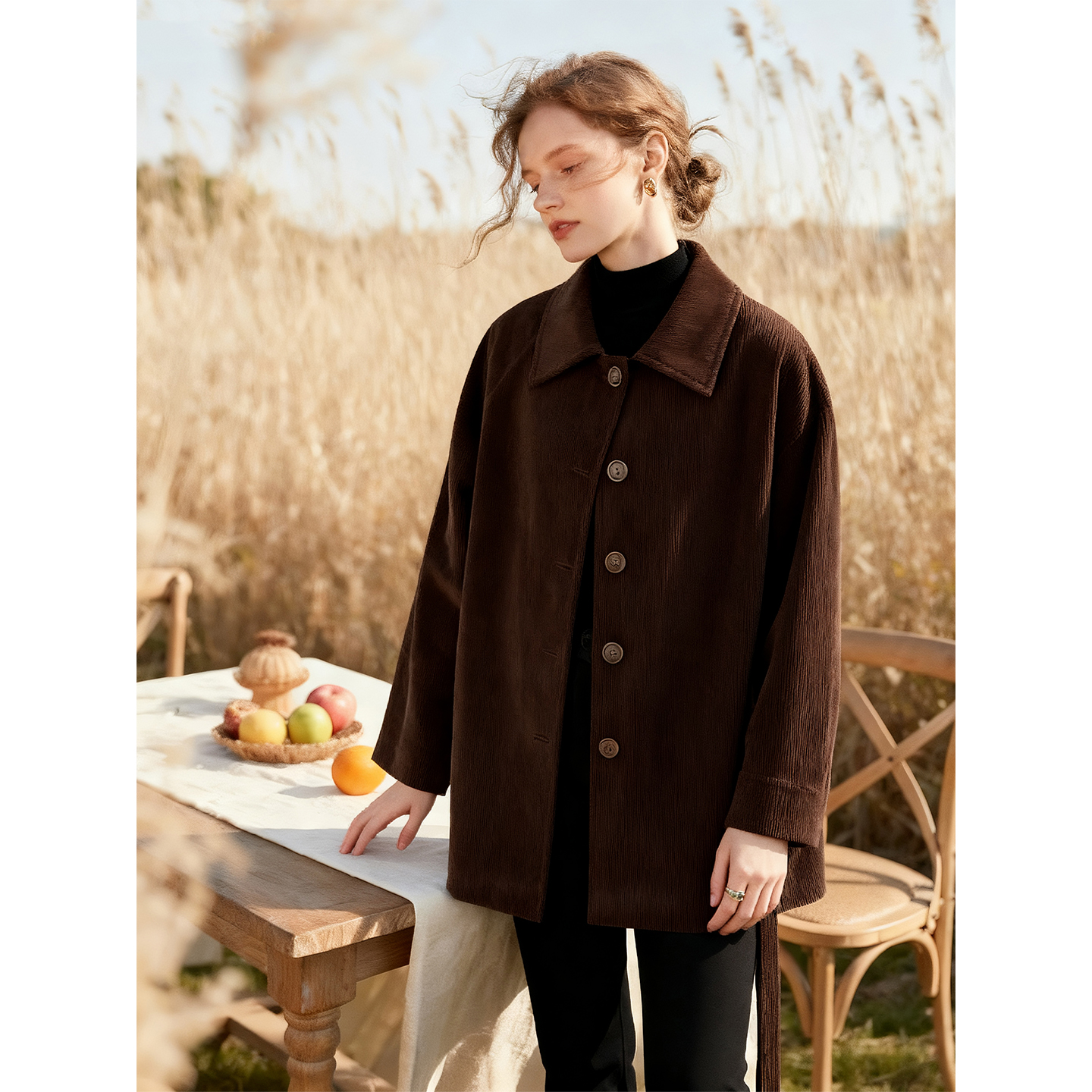 咖色翻领纯棉外套女2025年秋冬新