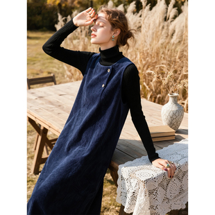 长裙子 无袖 深蓝色灯芯绒纯棉背心连衣裙女2025年秋冬新款 复古时尚