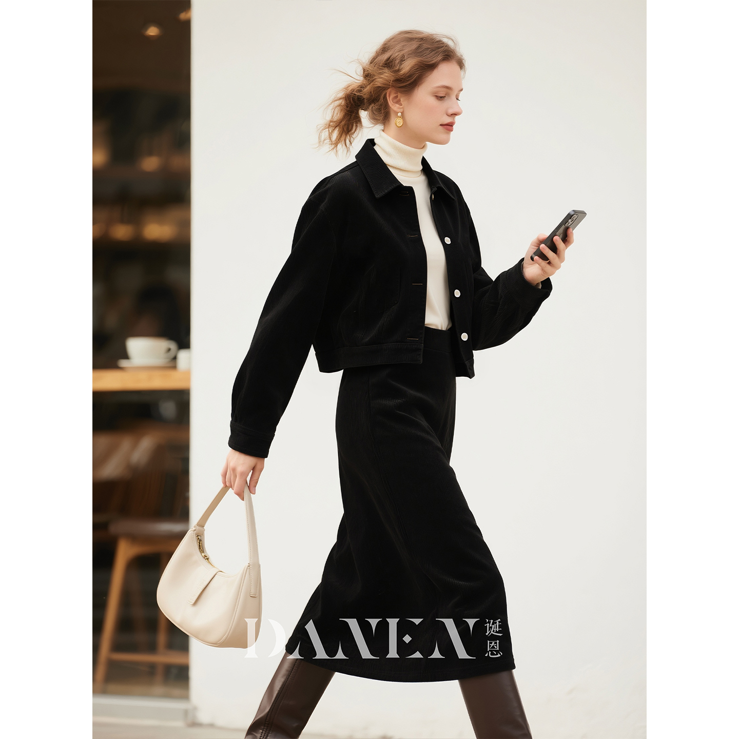 黑色灯芯绒套装女2025年秋冬新款