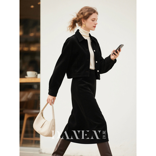 绝美贵气外套半身裙两件套 法式 黑色灯芯绒套装 女2025年秋冬新款