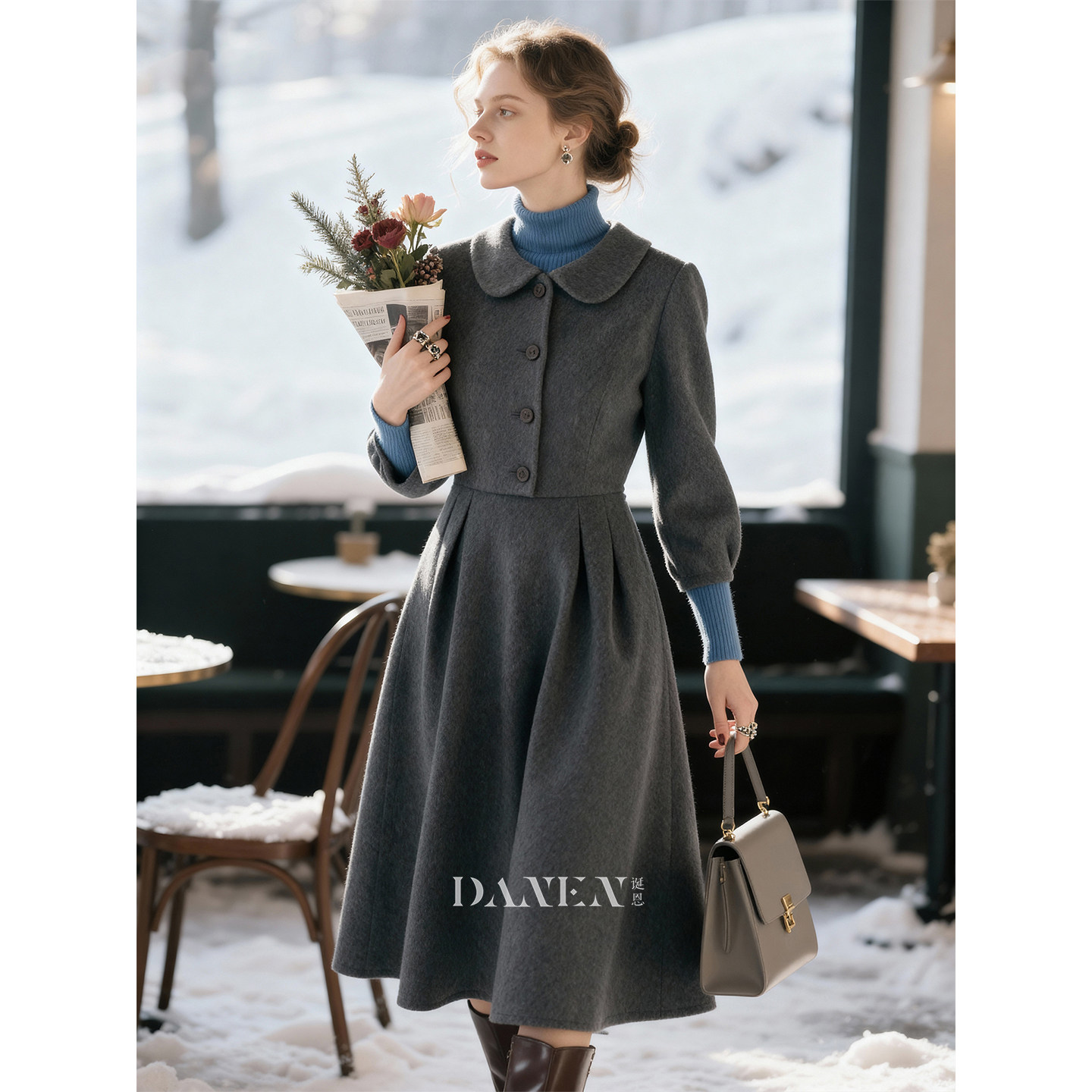 深灰色毛呢翻领连衣裙女2026秋冬新款羊毛气质高级感保暖A字长裙,女装/女士精品,连衣裙,淘宝优惠券,粉丝福利购,淘宝优惠卷