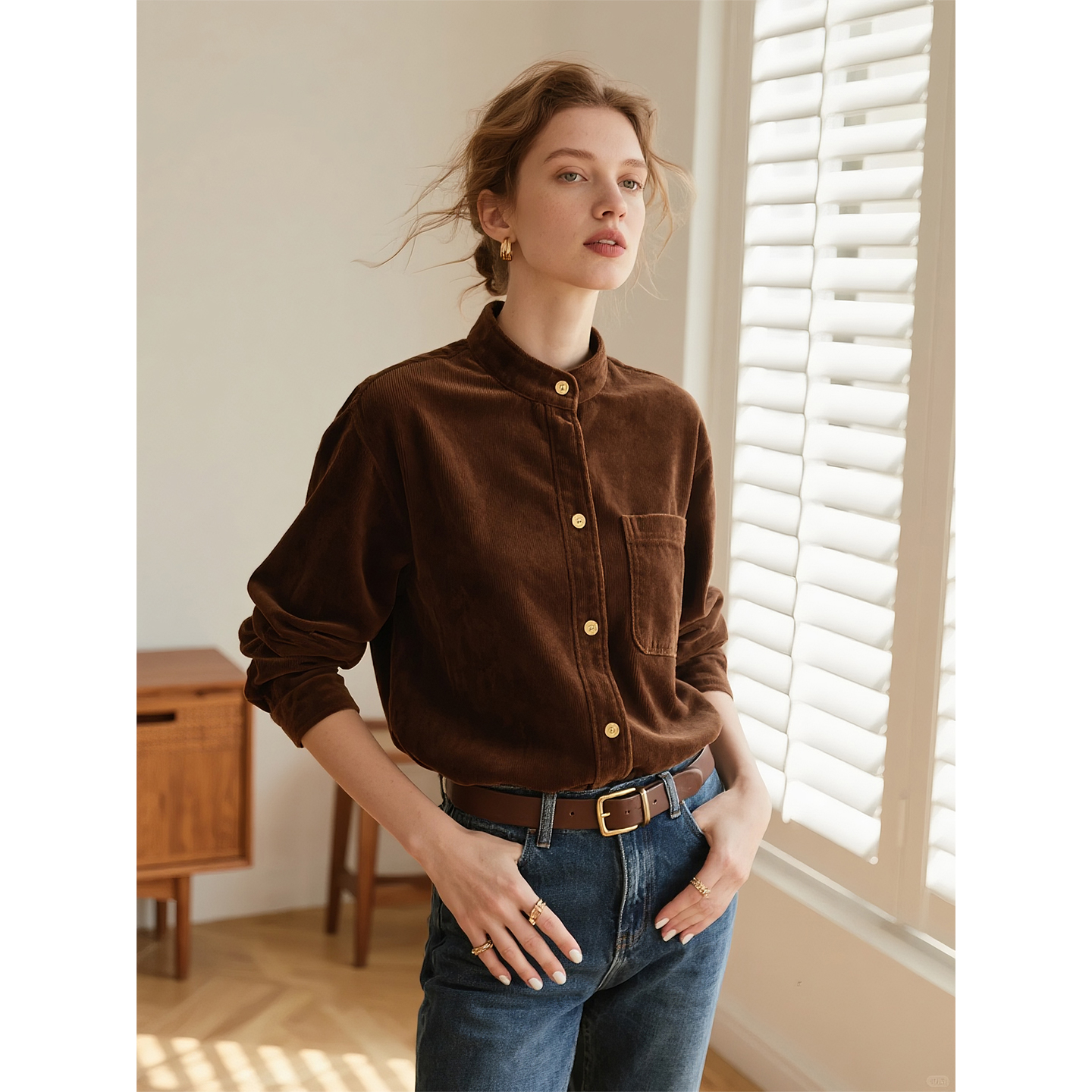 棕色立领纯棉磨毛灯芯绒长袖衬衫