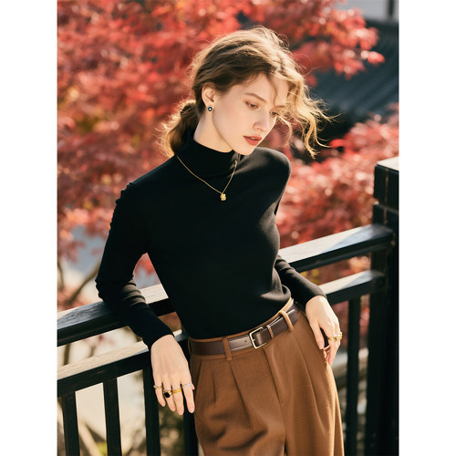 黑色半高领长袖针织衫女2025年秋