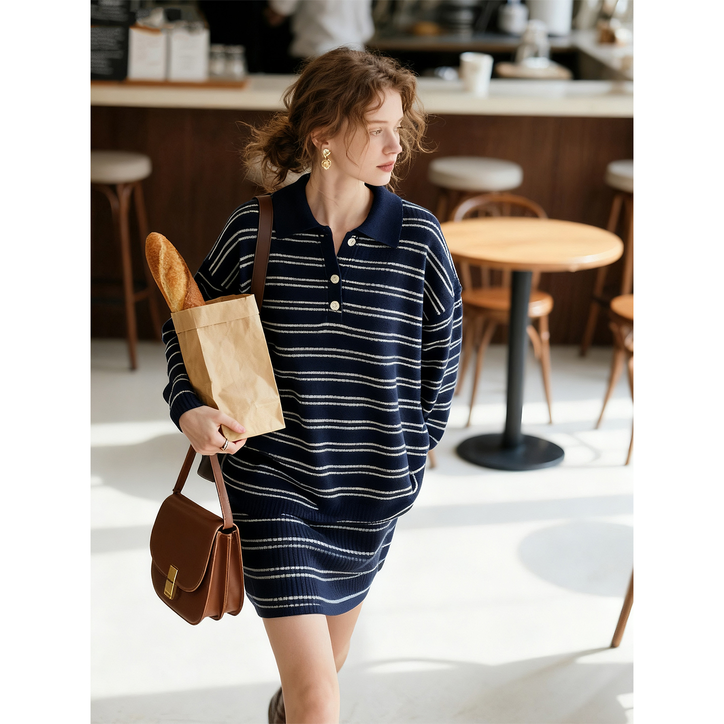 藏青色条纹套装女2025年秋冬新款