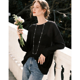 黑色圆领天丝亚麻长袖T恤女2026年春季新款慵懒风宽松显瘦打底衫