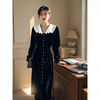 黑色V领丝绒连衣裙女2026年春季新款法式收腰长款A字年会礼服裙子